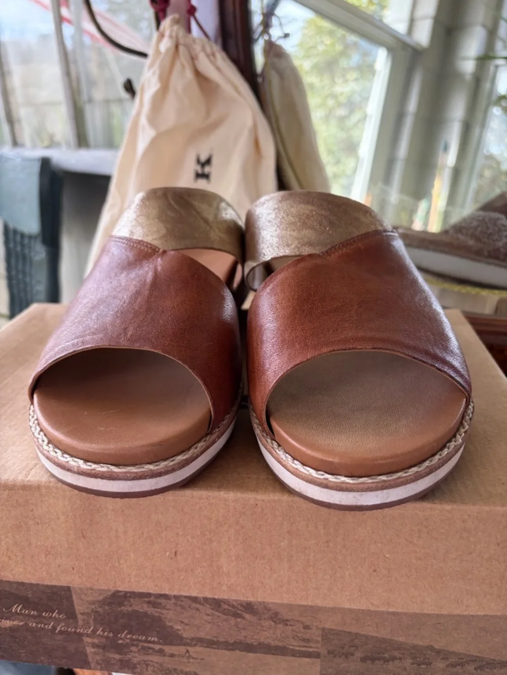 RSVD: Trask Leather Slide Sandals Brown and Metallic - Picture 4 of 10